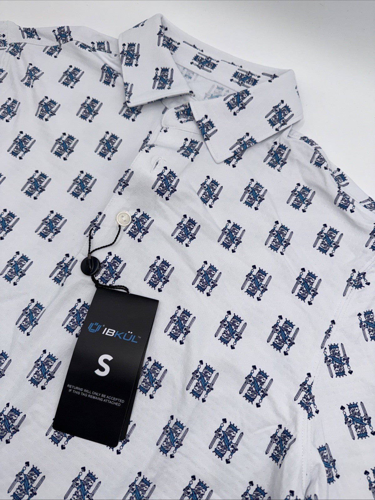 $100 IBKUL Men’s Short Sleeve Polo King Of Shapes Shirt-White/Blue- Small -New
