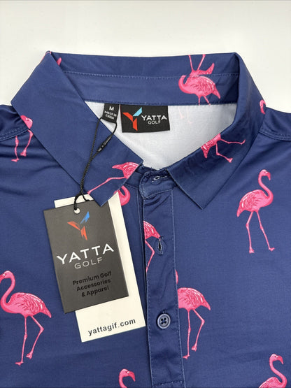 $50 Yatta Golf Men’s 3 Button Polo Shirt - Classy Mingo Navy Pink - Medium - New