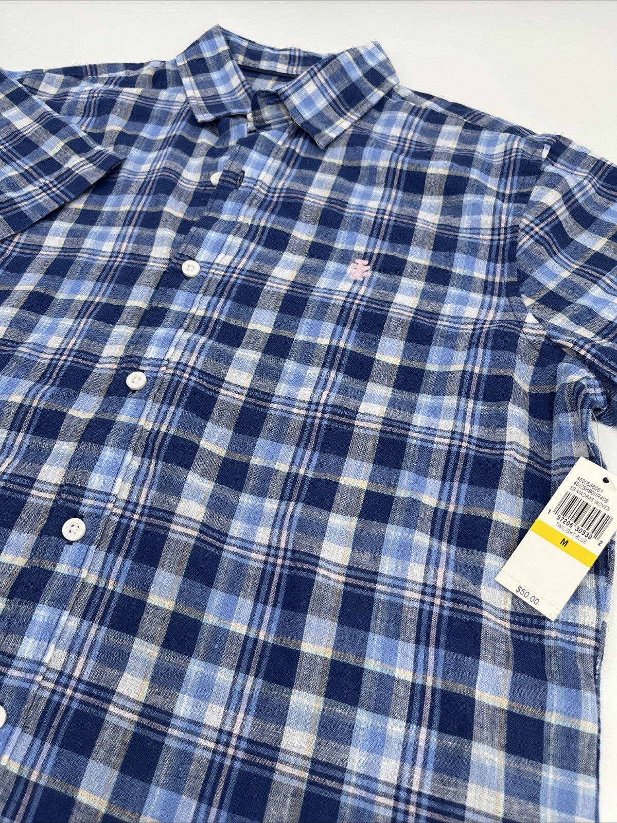 $50 Izod Men’s Linen Blend Madras SS Button Up Shirt-Twilight Blue Plaid-Medium
