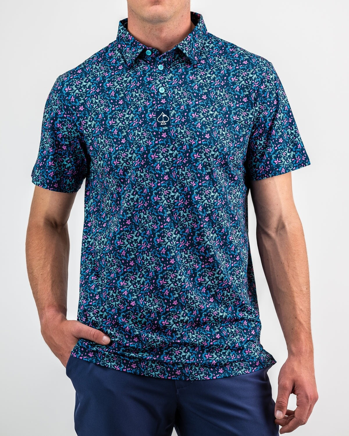 $70 Pins & Aces Fluorescent Floral Golf Polo- Blue/Pink - Medium - New With Tag