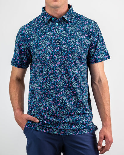 $70 Pins & Aces Fluorescent Floral Golf Polo- Blue/Pink - Medium - New With Tag