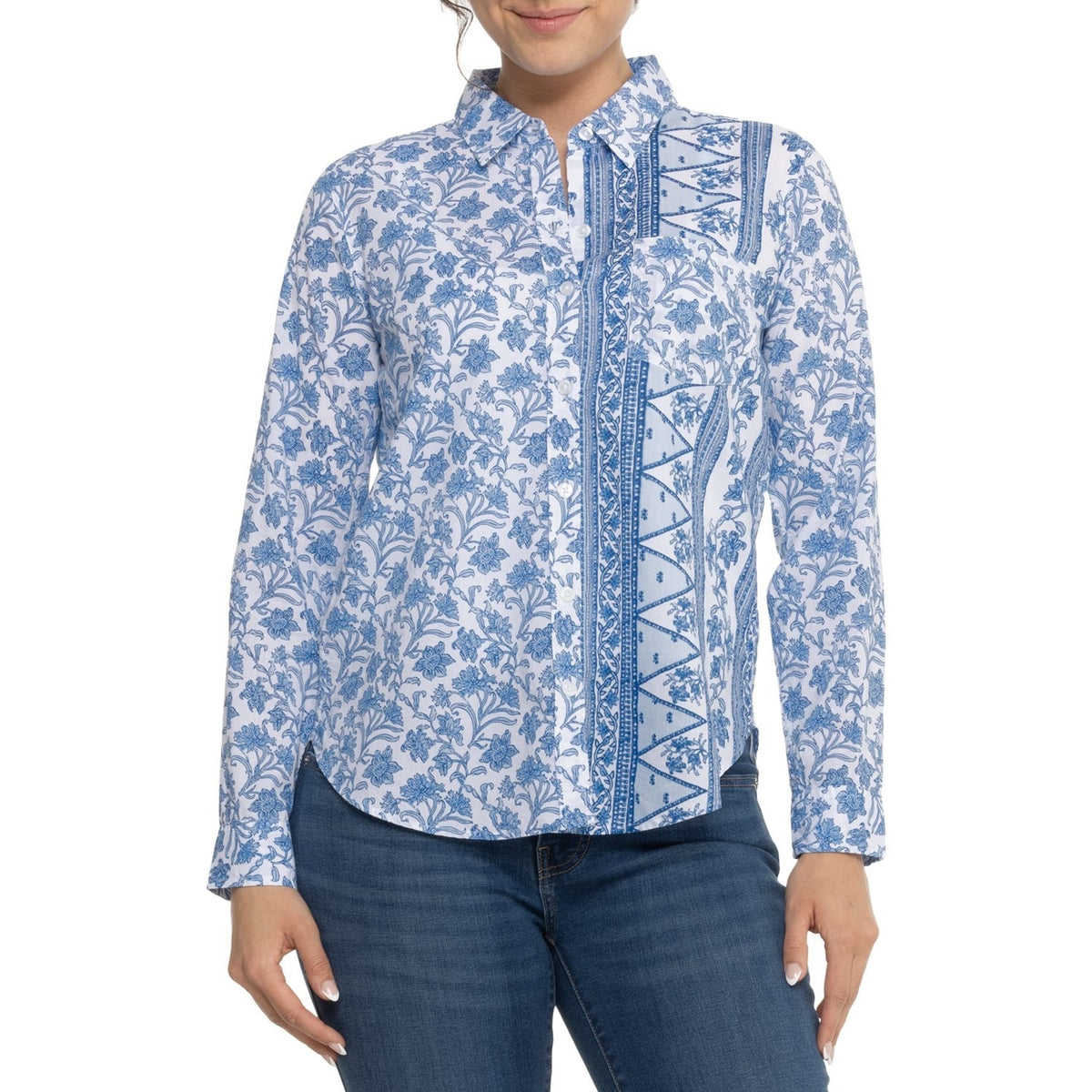 $80 Lucky Brand Women's Printed Button Down Longsleeve Shirt-Blue/White -Medium