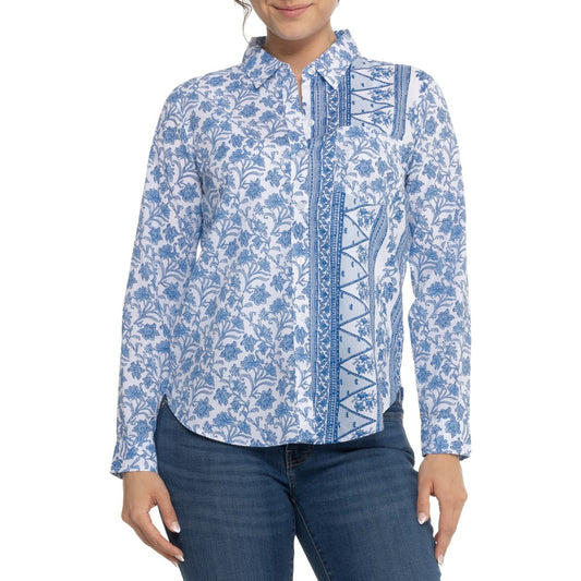 $80 Lucky Brand Women's Printed Button Down Longsleeve Shirt-Blue/White -Medium