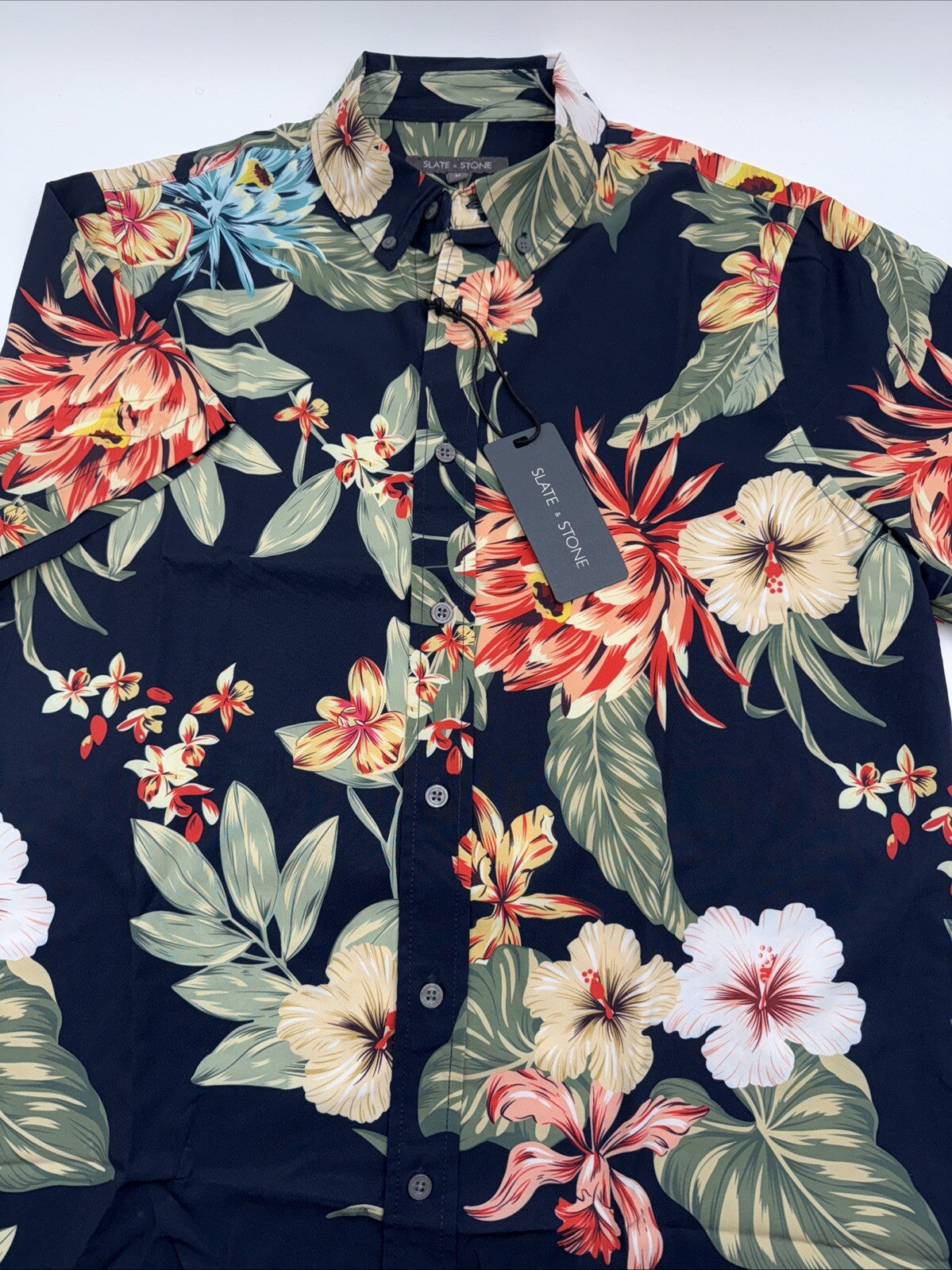 $128 Slate & Stone Hawaiian Stretch Flower Shirt Short Sleeve-Multicolor-Medium