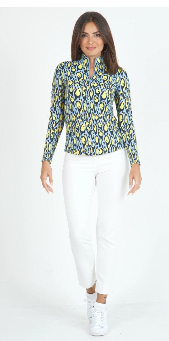 $100 Ibkul Women’s Long Sleeve Zip Mock Neck Top-Gemma Peri Multi -Large -New