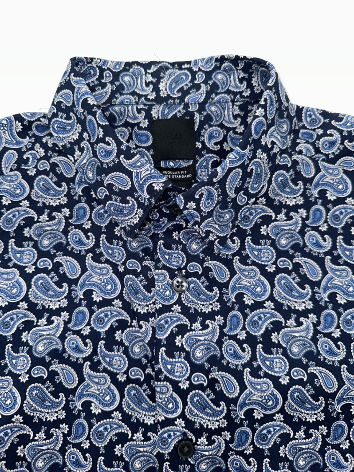 H&M Men's Regular Fit Paisley Patterned Long Sleeve- Dark Blue - Medium- New Tag