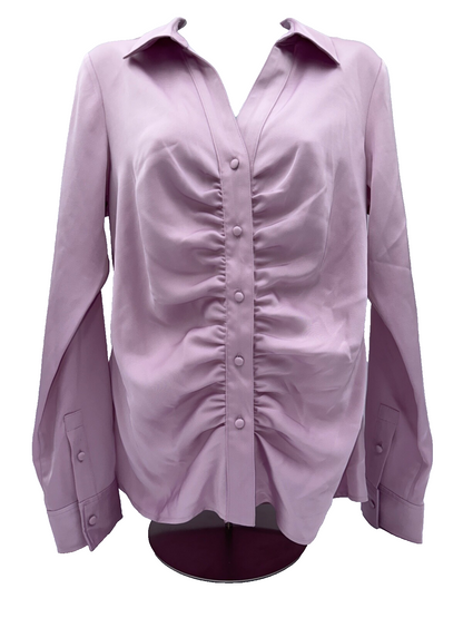 $89 Calvin Klein Women's Ruched Long Slv Satin Button Up Shirt-Lavender -Small