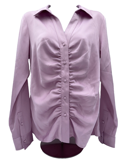 $89 Calvin Klein Women's Ruched Long Slv Satin Button Up Shirt-Lavender -Small