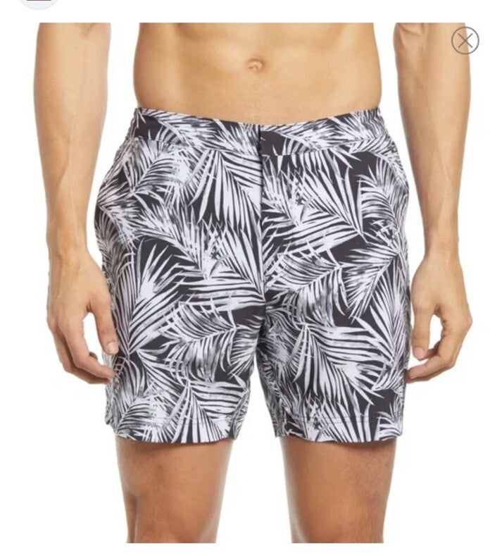 $89 FAIR HARBOR Men’s Sextant Swim Trunk Inner Lined Shorts-white/Blk-Size: 36W
