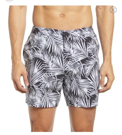 $89 FAIR HARBOR Men’s Sextant Swim Trunk Inner Lined Shorts-white/Blk-Size: 36W