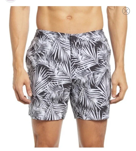 $89 FAIR HARBOR Men’s Sextant Swim Trunk Inner Lined Shorts-white/Blk-Size: 36W