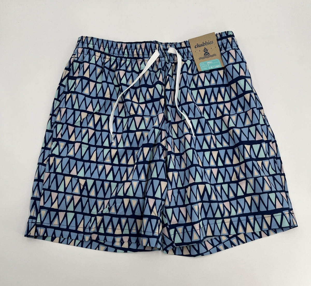 Chubbies Men's Stretch Swim Trunks 7”- The Triangu laters-Blue- Small -New $80