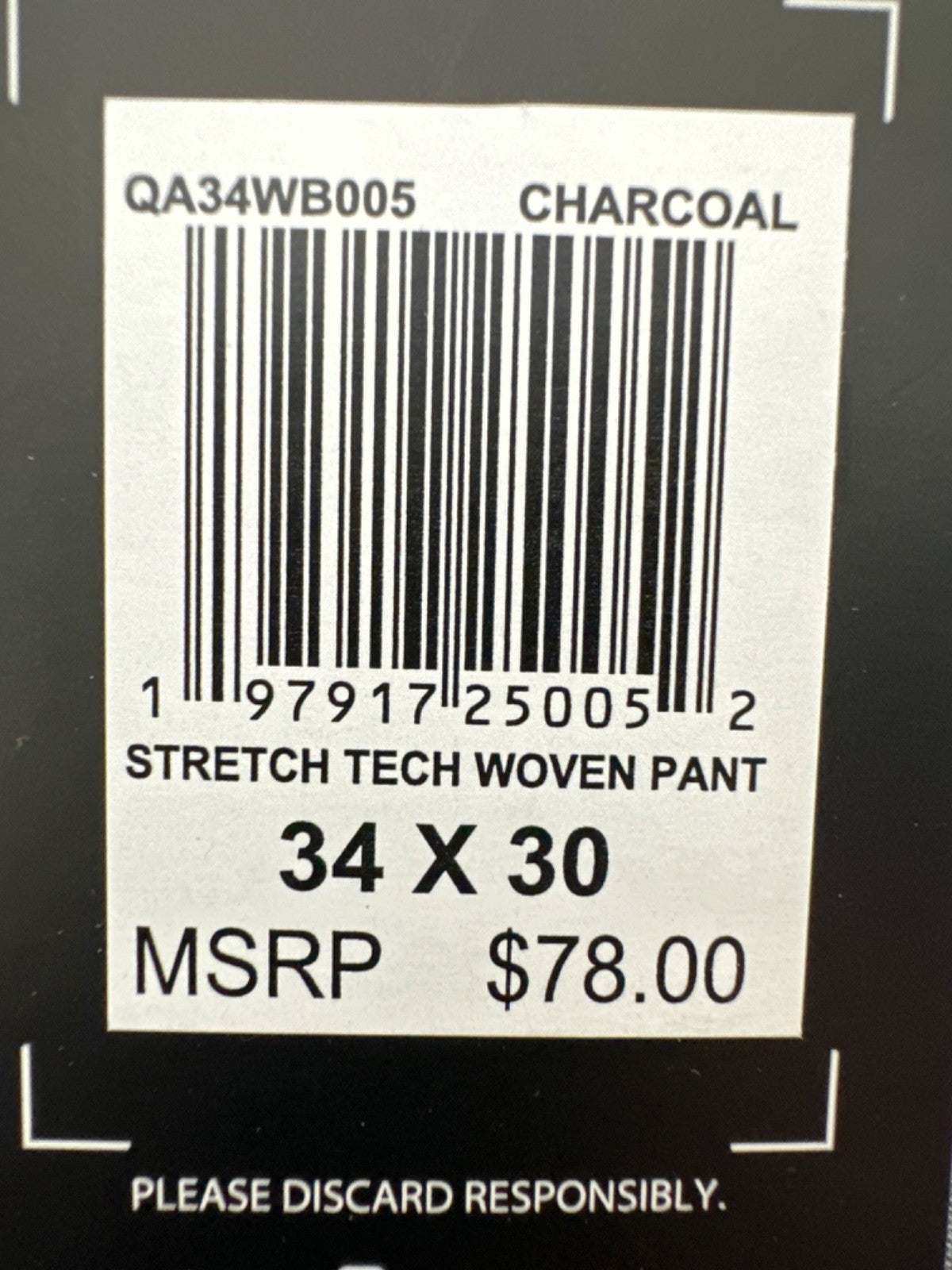 $78 Quicksilver Men’s Stretch Tech Woven Pants - Charcoal -Size: 32W x 30L -New