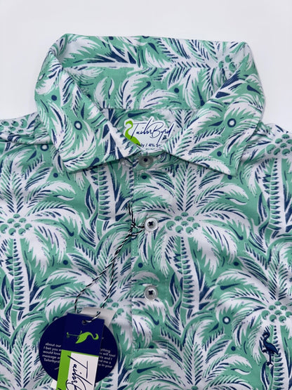 $80 TailerByrd Men's Palm Tree Print Performance Polo- Sea Foam - Small - New