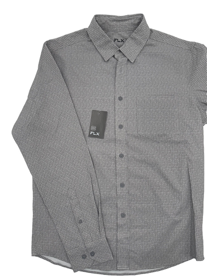 $35 FLX Men’s-Performance Untucked-Fit Long Sleeve Button Down Shirt-Gray-Small