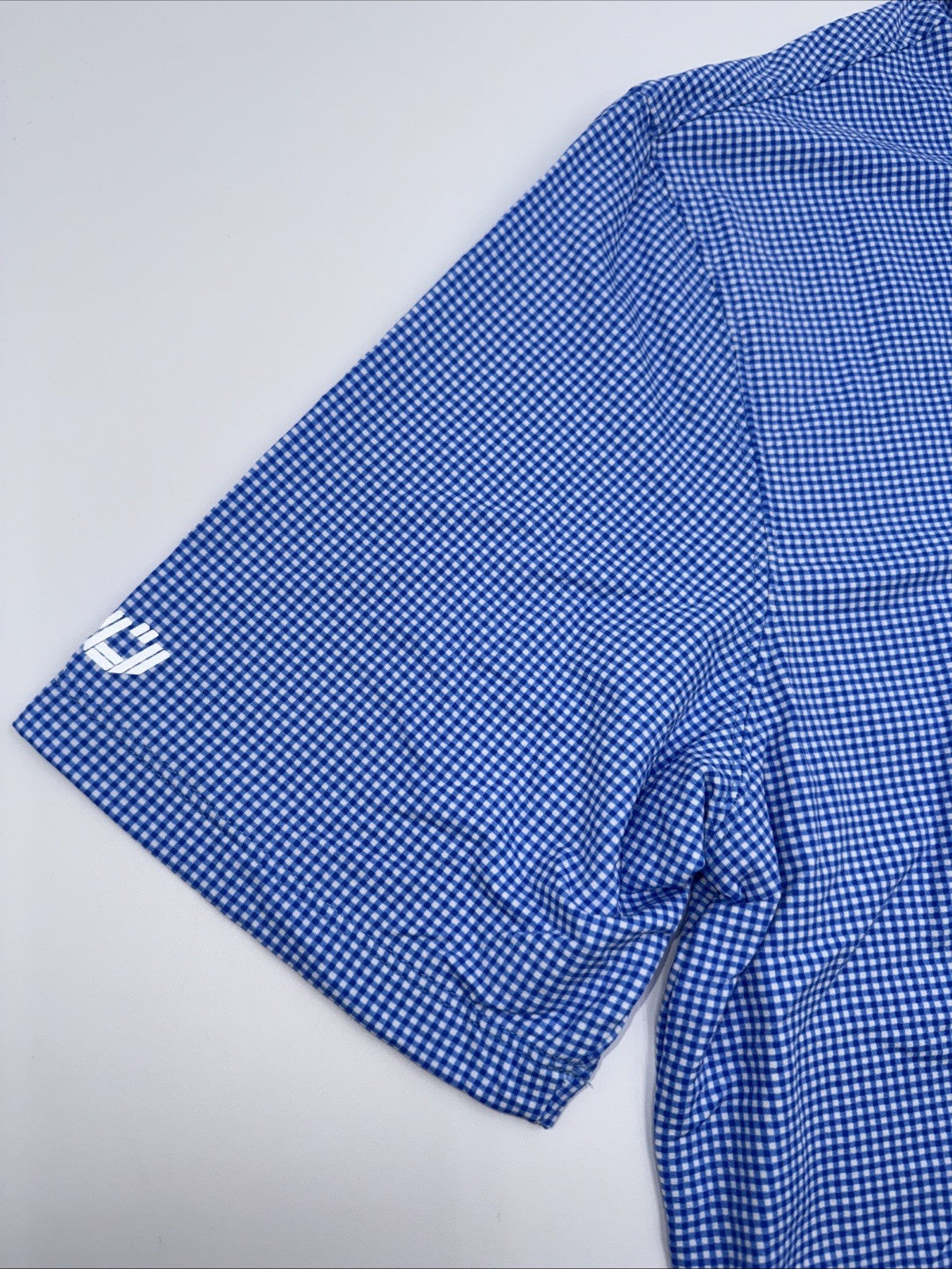 $100 IBKUL Men’s Short Sleeve Polo Mini Check UPF 50+ - Blue/White- Medium -New