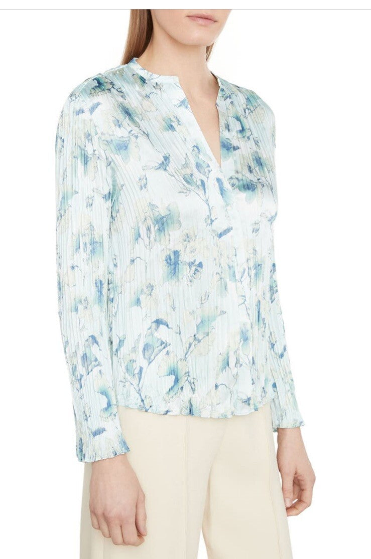 $295 Vince Women’s Floral Crushed Satin Blouse Shirt- Pale Lagoon-Small-New Tag