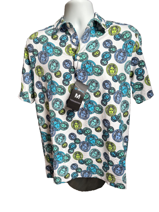 $100 IBKUL Men’s-Medusa Short Sleeve Polo-Multicolor White/Blue-Medium-New Tag
