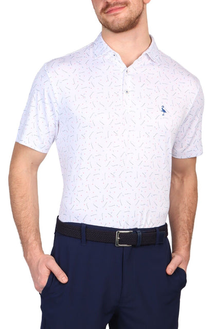 $80 TailorByrd Men’s Scattered Golf Clubs Print Performance Polo-White-Medium