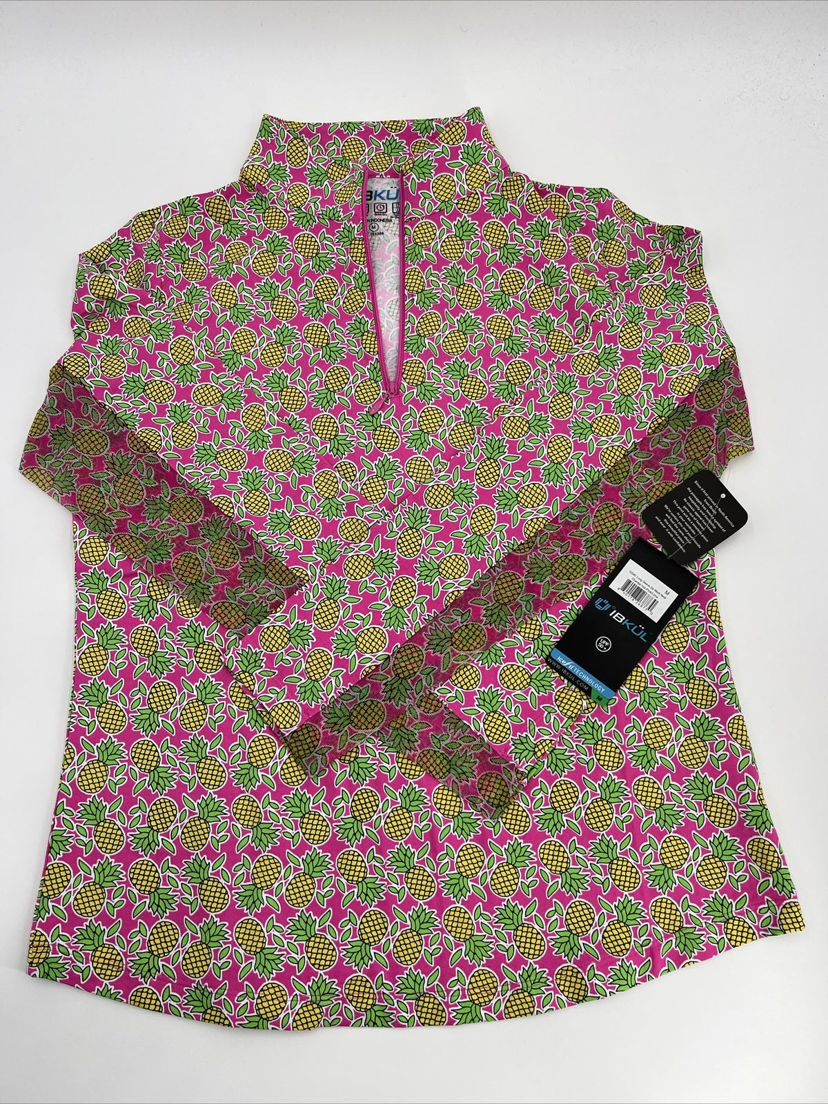 $100 Ibkul Women’s Long Sleeve Zip Mock Neck Top-Chantal Pink/Lime-Medium-New