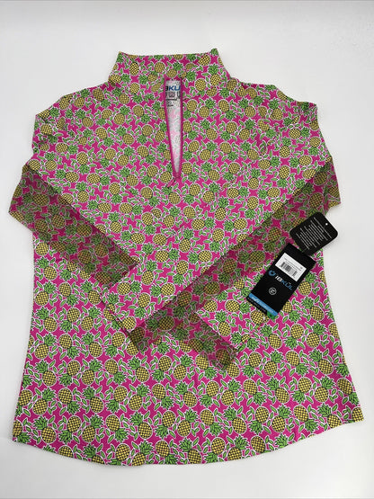 $100 Ibkul Women’s Long Sleeve Zip Mock Neck Top-Chantal Pink/Lime-Medium-New