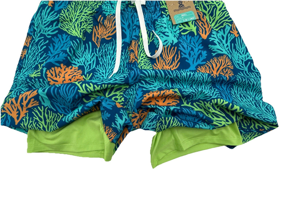 $80 Chubbies Men’s The Coral Quarrels 7” Swim Trunk Liner Shorts-Aqua - Medium