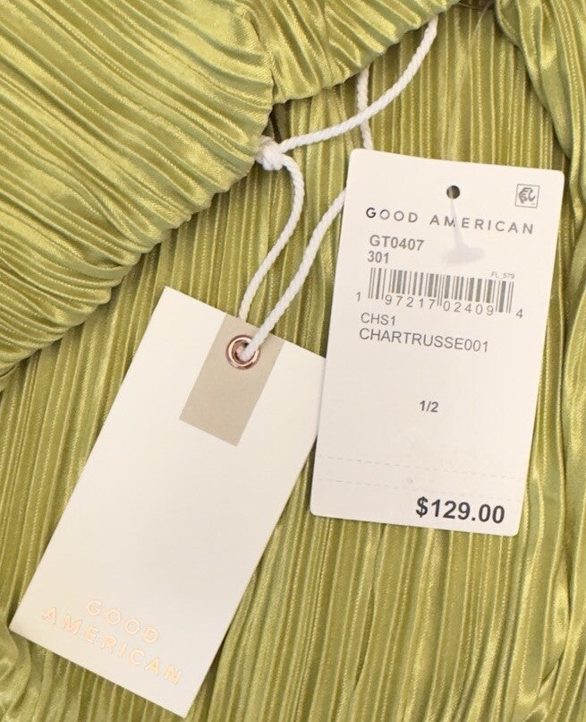 $129 Good American Women’s- Plissé Ruched Top Blouse Shirt- Chartrusse- Size 1/2