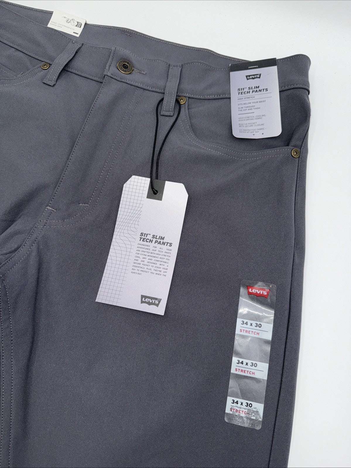$70 Levi's Men's 511 Slim Tech Pants Stretch A92130010- Grey- 34W 30L - New Tag