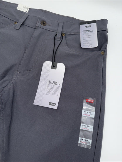 $70 Levi's Men's 511 Slim Tech Pants Stretch A92130010- Grey- 34W 30L - New Tag