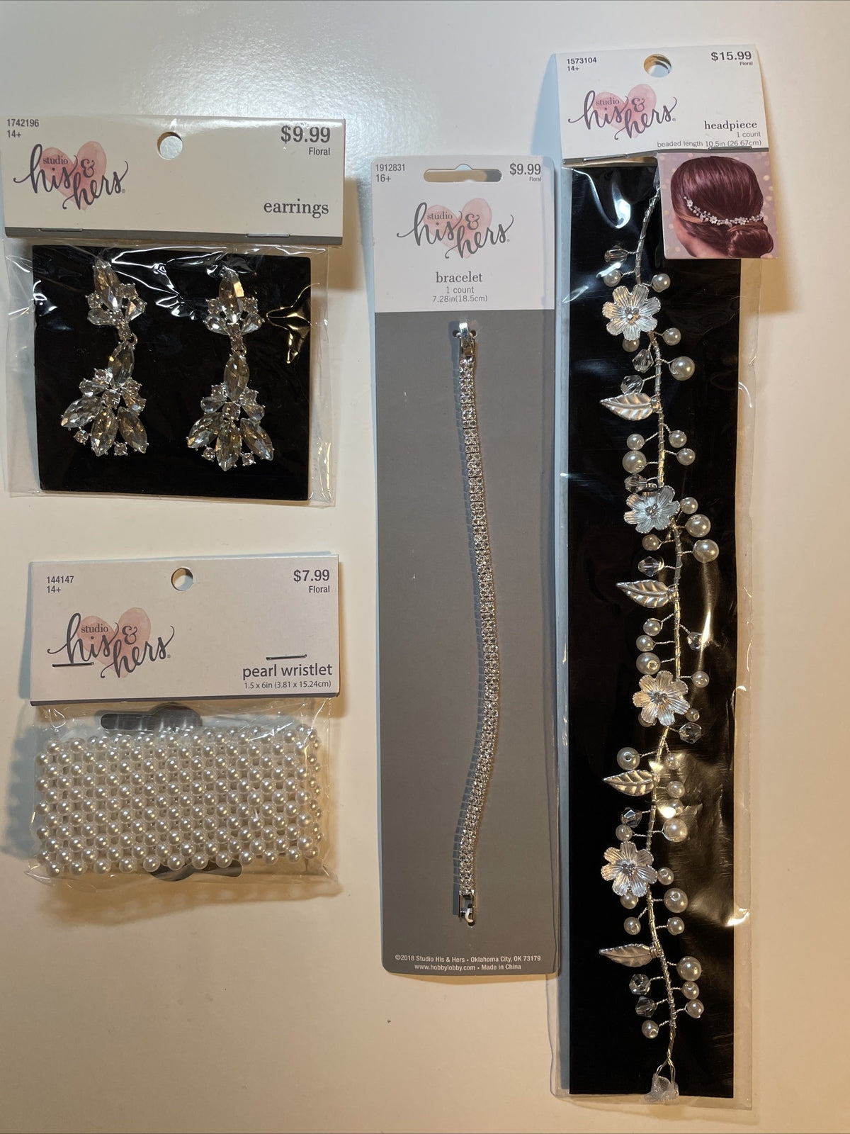 Combo Lot 4 PCs Studio His & Hers WEDDING Set: Earrings- Headpiece- Bracelets