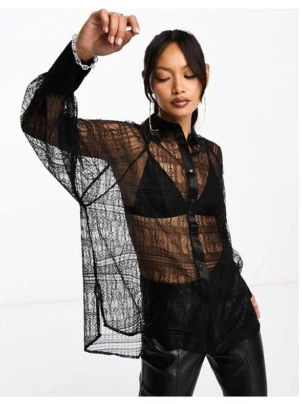 $269 ALLSAINTS "Oana" Black Sheer Lace Relaxed Button Up Shirt Blouse-Sz 4- NWT
