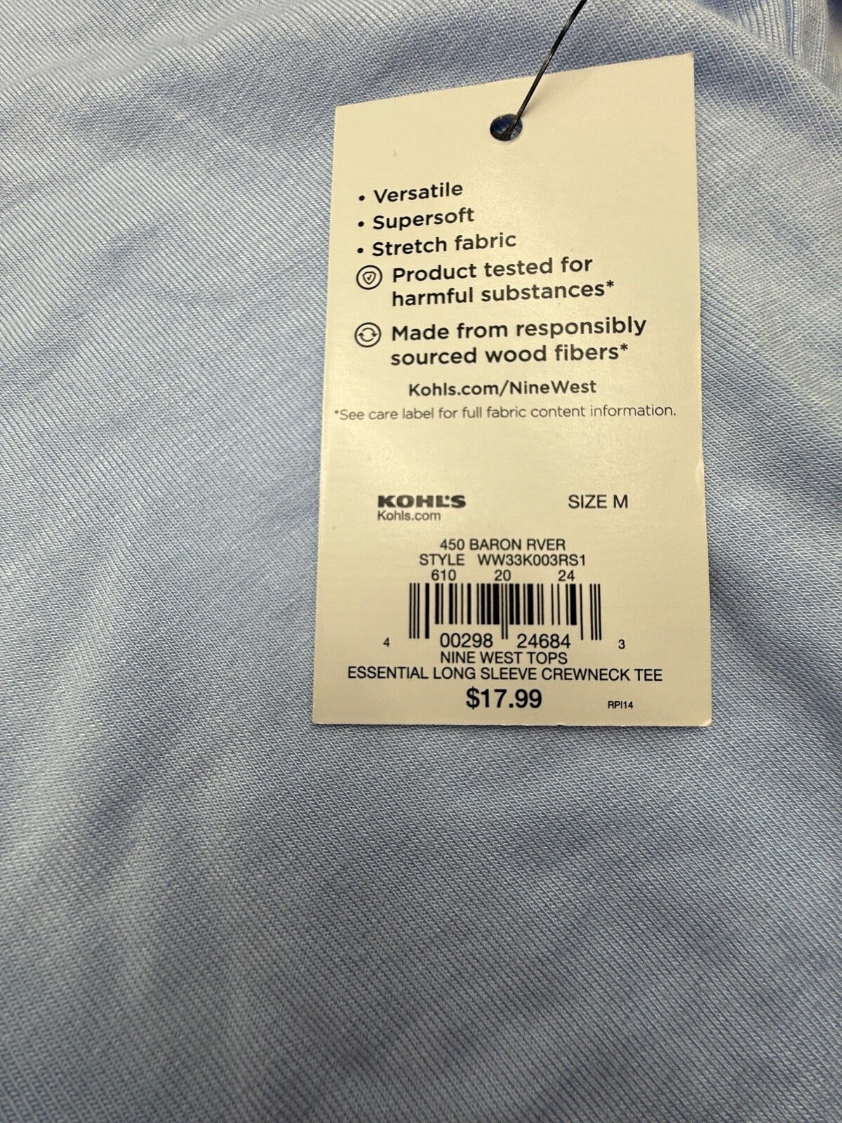 Nine West Women’s-Soft Spun Crewneck Longsleeve Tee-River Blue-Medium-New Tag