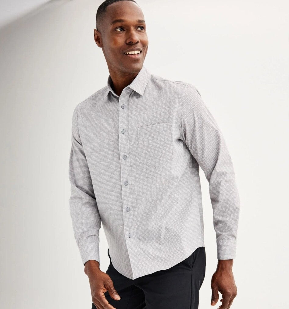 $35 FLX Men’s-Performance Untucked-Fit Long Sleeve Button Down Shirt-Gray-Small