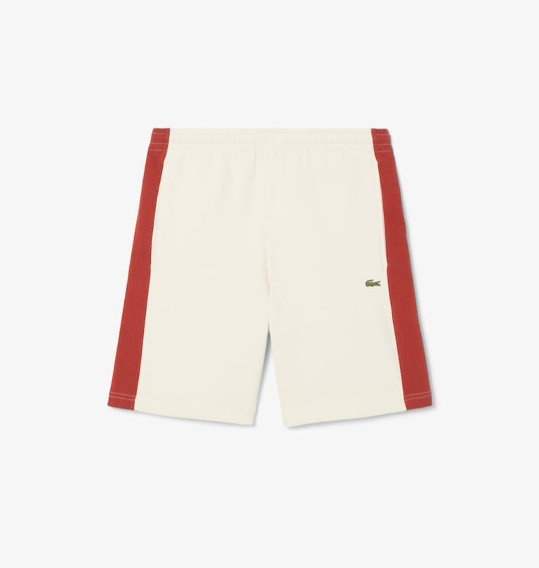 $85 Lacoste Men's Cotton Fleece Colorblock Shorts - White/Brown - Large - New