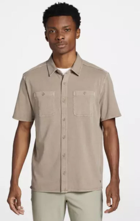 VRST Men's Garment Dye SS Short Sleeve Button Down Shirt- Mushroom-Small-New Tag