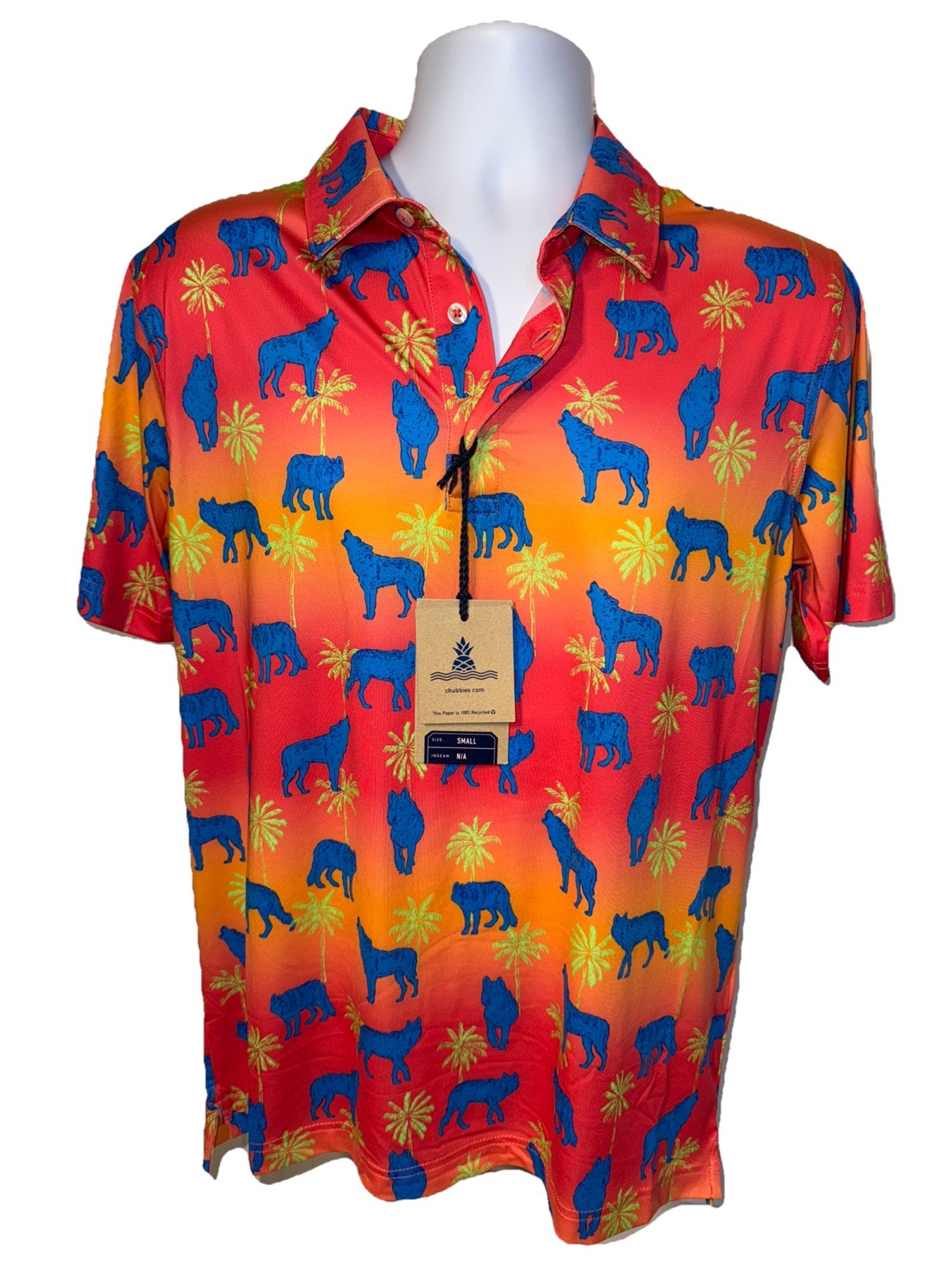 $60 Chubbies Men's The Howler Moon Performance Polo Shirt-Orange Multi-Small-New