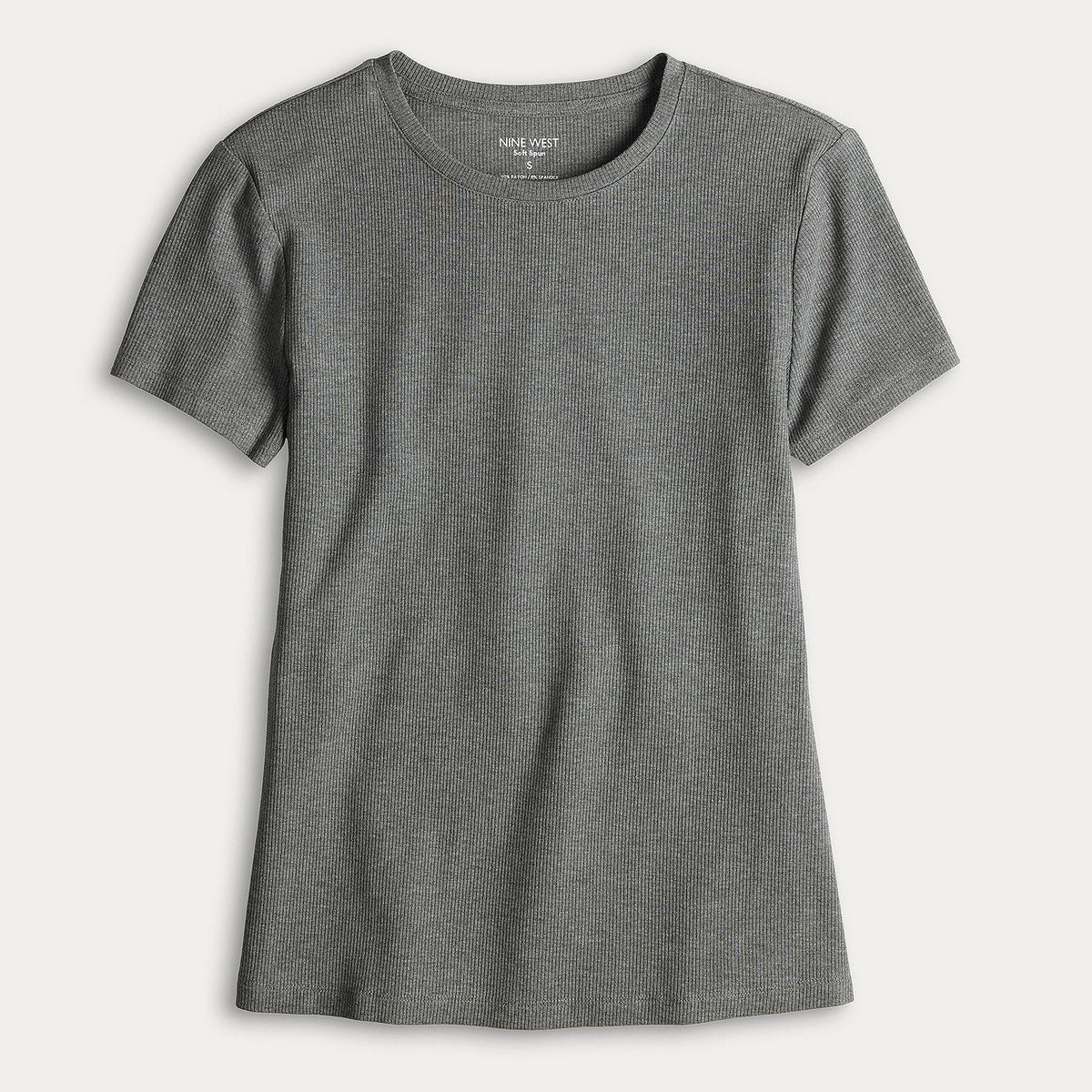 Nine West Women's Soft Spun Fitted Ribbed Crewneck Top - Coal Heather-Small-New