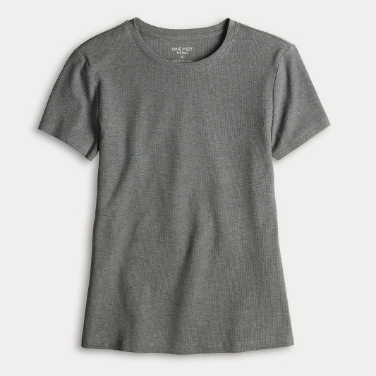 Nine West Women's Soft Spun Fitted Ribbed Crewneck Top - Coal Heather-Small-New