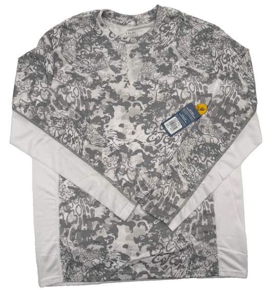 $50 HUK Men’s- Icon X Tide Change Long Sleeve Shirt- Grey Camo/ White- Medium