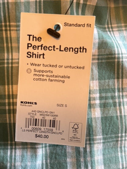 Sonoma Men’s Perfect-Length Button-Down Shirt - Green Blue Plaid- Small-NWT