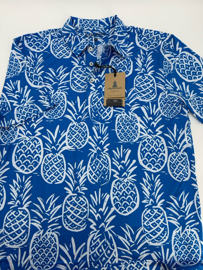 Chubbies Men's The Thigh Napple Performance Polo Shirt- Blue Pineapple-Small-New