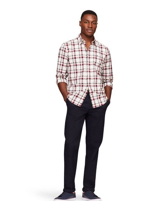 Tommy Hilfiger Men’s Global Striped Check Shirt- Deep Rouge- Small