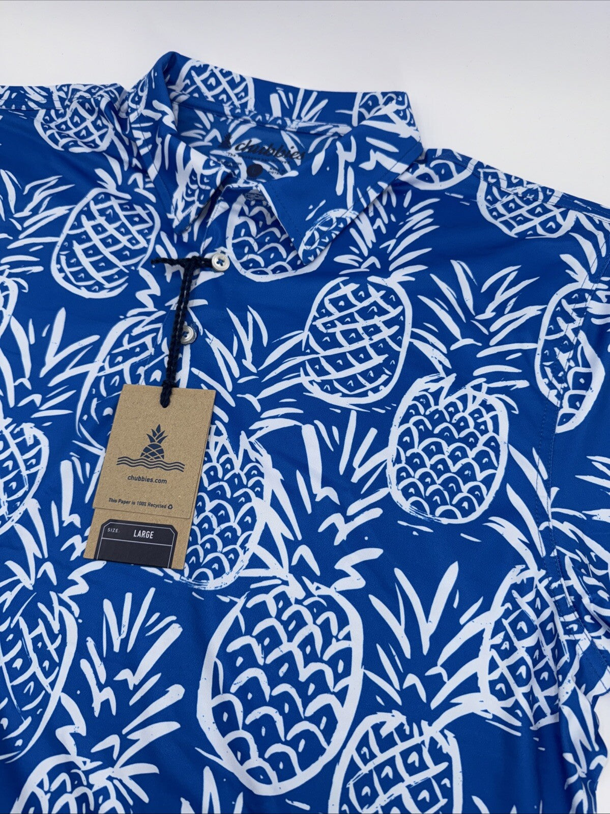 Chubbies Men's The Thigh Napple Performance Polo Shirt-Blue Pineapple-Large -New