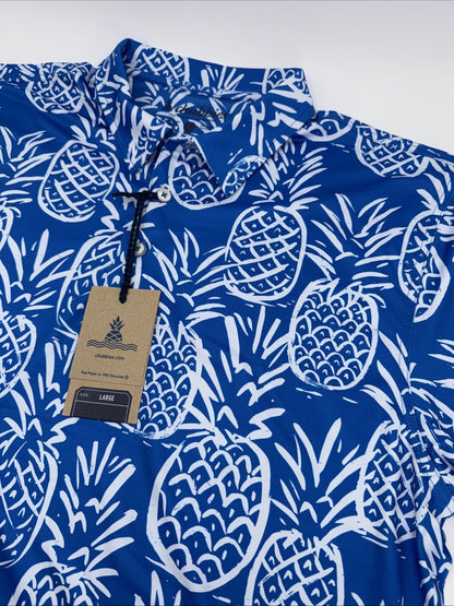 Chubbies Men's The Thigh Napple Performance Polo Shirt-Blue Pineapple-Large -New