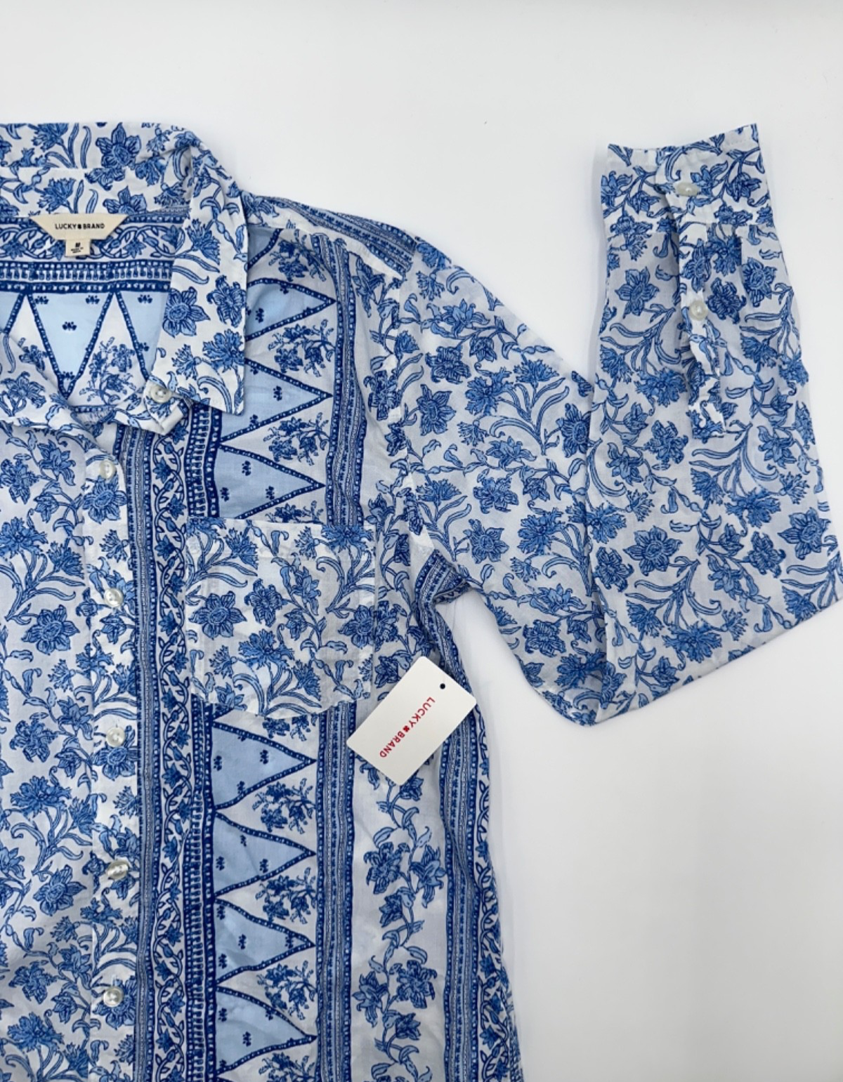 $80 Lucky Brand Women's Printed Button Down Longsleeve Shirt-Blue/White -Small