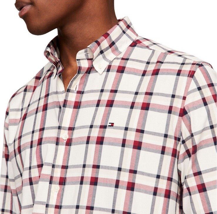 Tommy Hilfiger Men’s Global Striped Check Shirt- Deep Rouge- Small