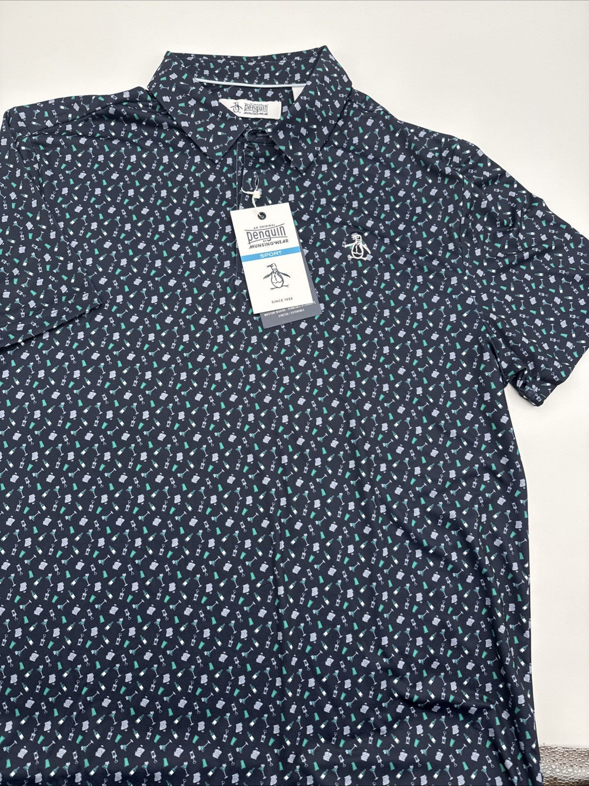 $90 Original Penguin Men’s All Over Augusta  Golf PoloShirt-Black Iris-Large-New