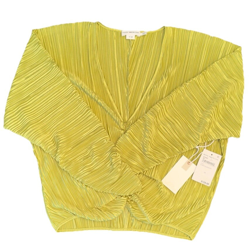 $129 Good American Women’s- Plissé Ruched Top Blouse Shirt- Chartrusse- Size 1/2