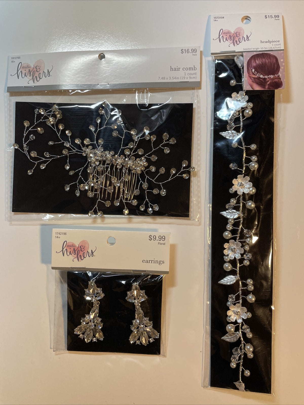 Combo Lot 3 PCs Studio His & Hers WEDDING Set: Hair Comb - Headpiece - Earrings