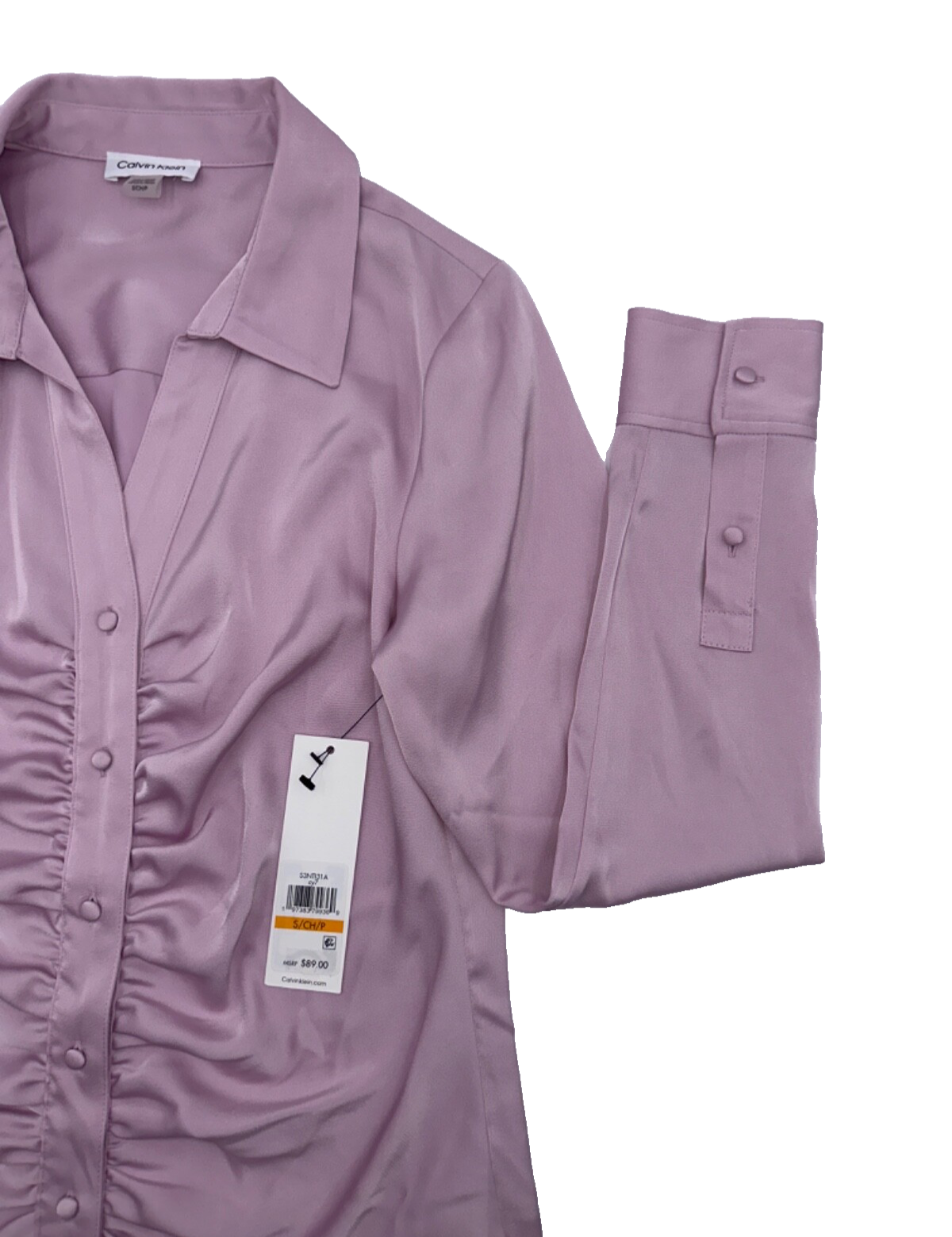 $89 Calvin Klein Women's Ruched Long Slv Satin Button Up Shirt-Lavender -Small